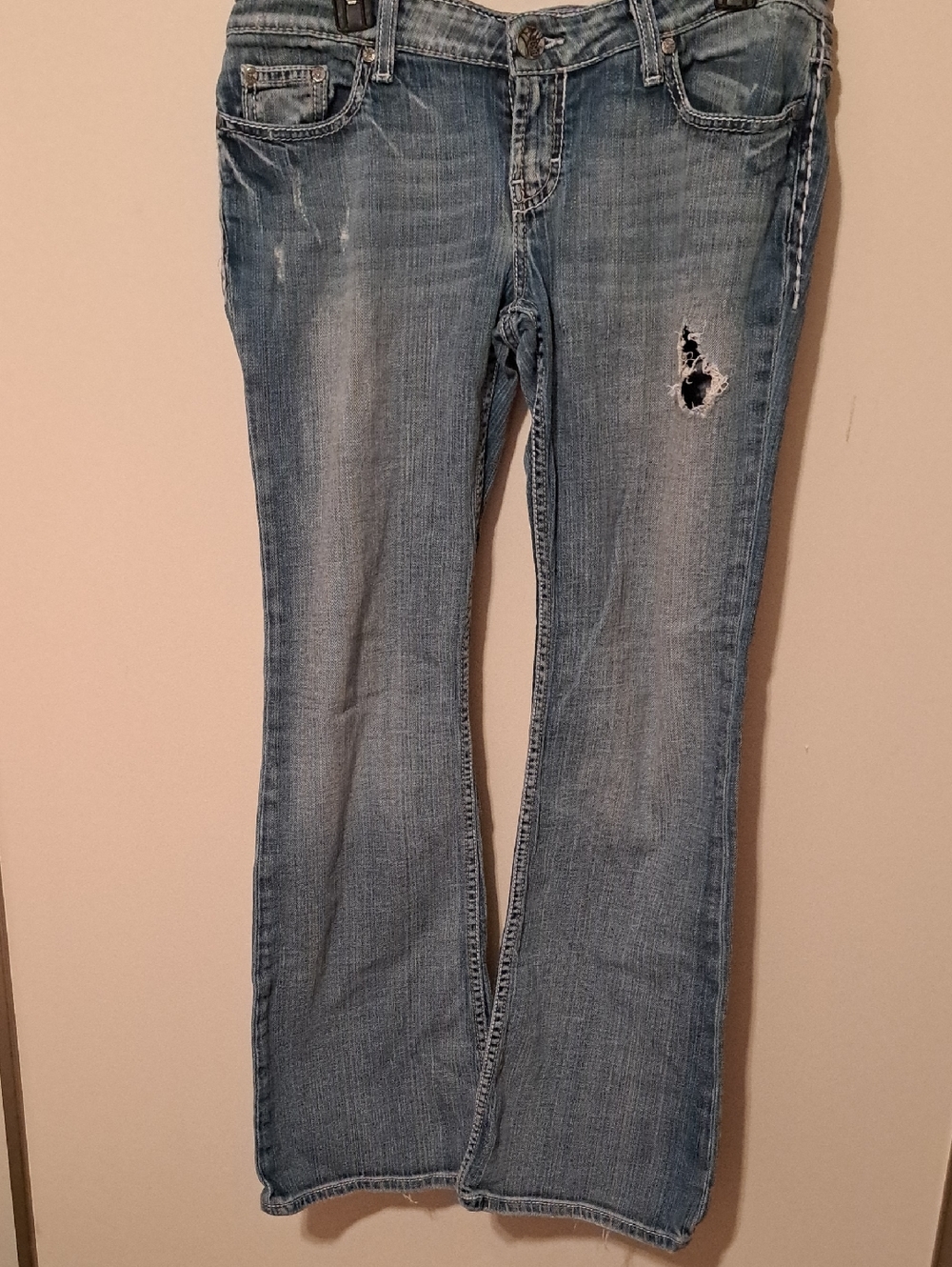 BKE Stella Light Blue Flare Jeans with Distressed Detail